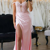 Eseld | Mermaid Sweetheart Pink Satin Long Prom Dresses With Split