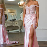 Eseld | Mermaid Sweetheart Pink Satin Long Prom Dresses With Split