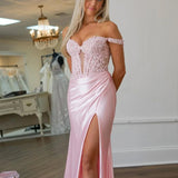 Eseld | Mermaid Sweetheart Pink Satin Long Prom Dresses With Split