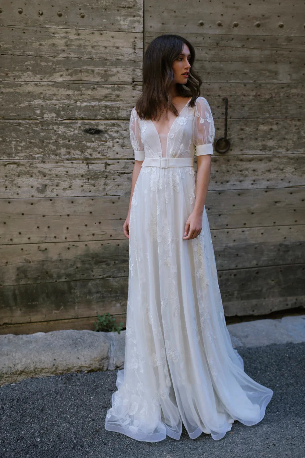 Ethereal Tulle Plunging Neck Half Sleeve Long Bridal Gown