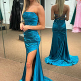 Evangeline | Teal Strapless Lace-Up Ruched Mermaid Long Formal Dress with Slit