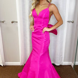 Evynn | Hot Pink V-Neck Bow-Back Trumpet Long Gown