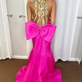 Evynn | Hot Pink V-Neck Bow-Back Trumpet Long Gown