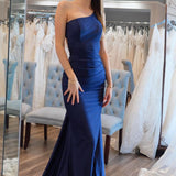 Simple Mermaid One Shoulder Navy Blue Satin Long Prom Dresses