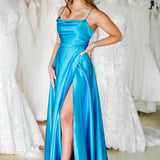 Araya |A Line Cowl Neck Satin Prom Dress With Slit