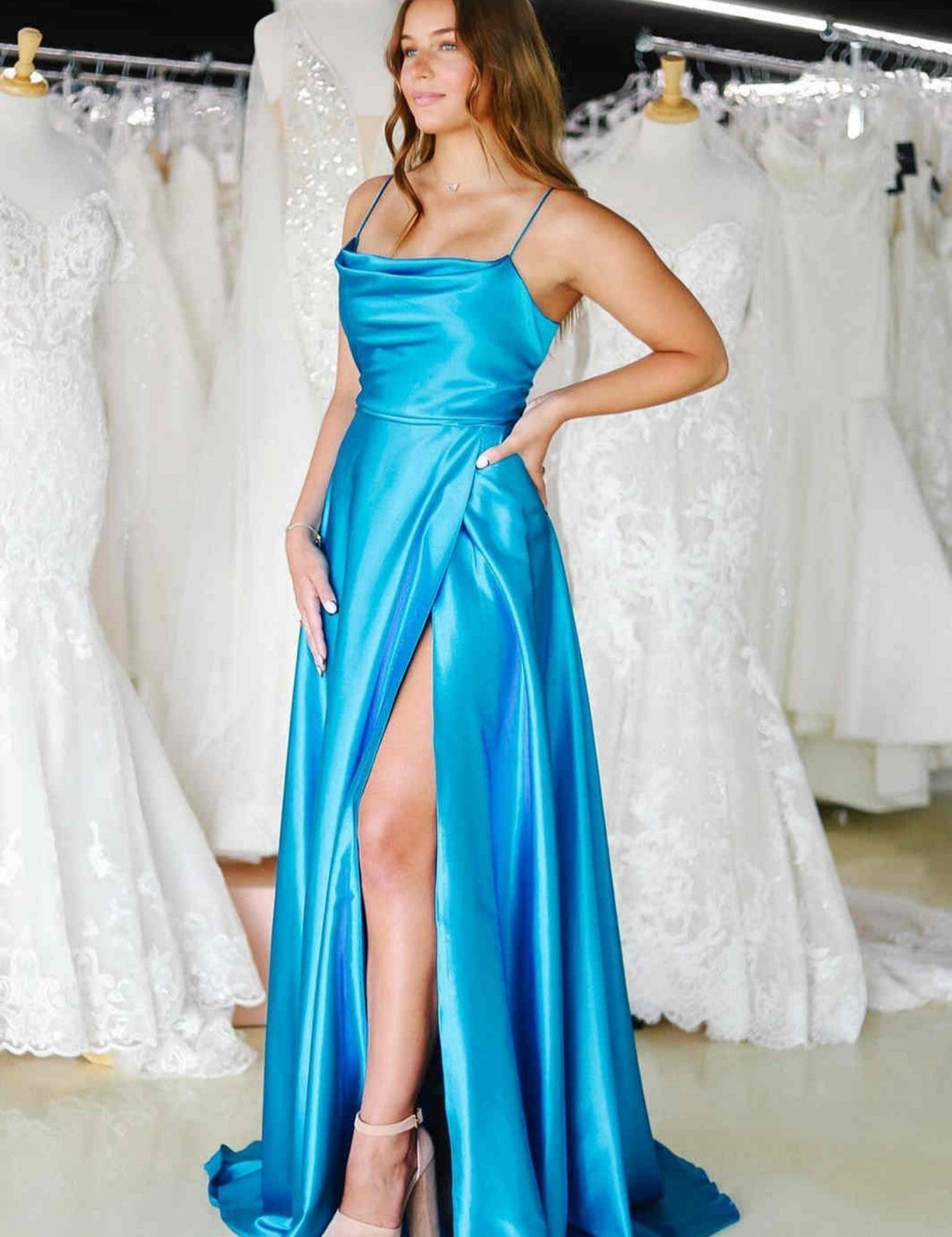 Araya |A Line Cowl Neck Satin Prom Dress With Slit