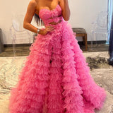 Reyna |Ball Gown Sweetheart Pink Tiered Printed Tulle Prom Dress