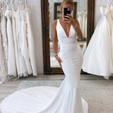 Simple Mermaid V Neck Satin White Wedding Dresses