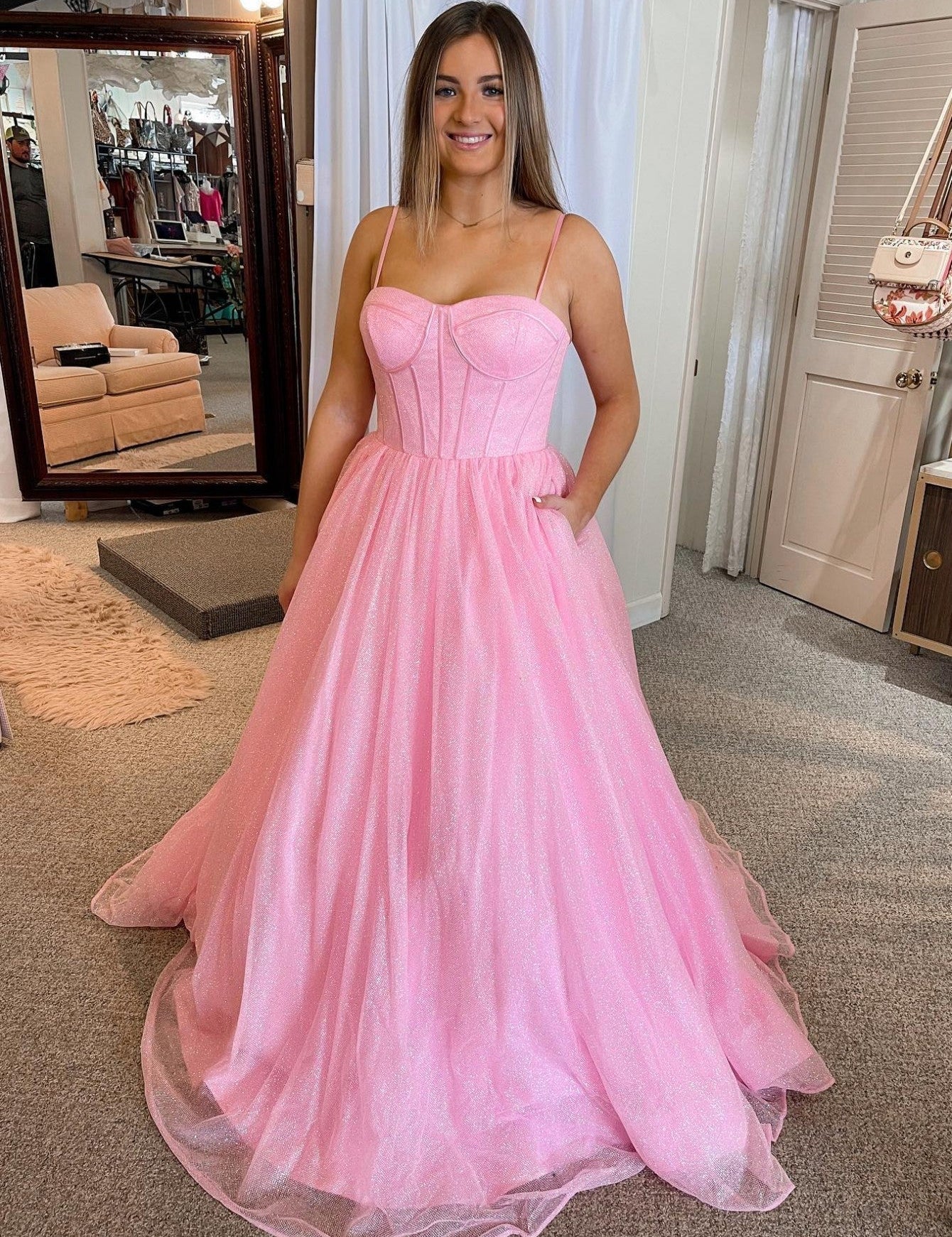 Julissa |A Line Glitter Tulle Prom Dress with Pockets