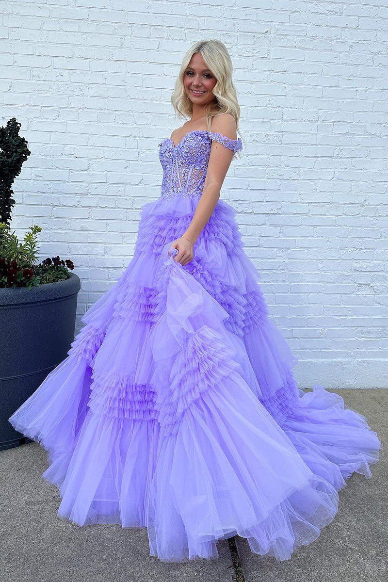 Elina | Red Tulle Off-the-Shoulder Ruffle Tiered Long Prom Dress