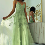 Sage Green V Neck Tulle A-Line Long Prom Dresses with Appliques