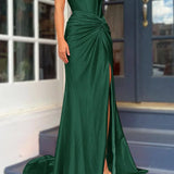 Nadia |Mermaid Strapless Satin Long Prom Dress With Slit