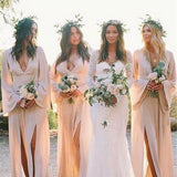 Boho A-Line Deep V Neck Long Sleeves Light Bridesmaid Dresses