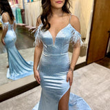 Blue Glitter Feather V Neck Long Prom Dress with Slit