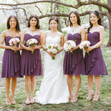 Simple Sweetheart Chiffon Purple Short Pleats Bridesmaid Dress