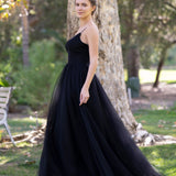 Deep V-neck Tulle Sweep Train Prom Dress