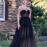 Corset Dotted Tulle Spaghetti Straps Floor Length Prom Dress