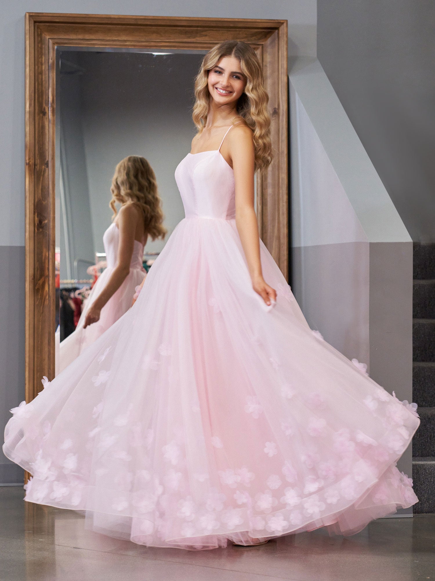 Arabella | Pink A-line Spaghetti Straps Tulle Prom Dress