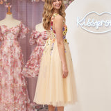 3D Flower Tulle Tea Length Prom Dresses