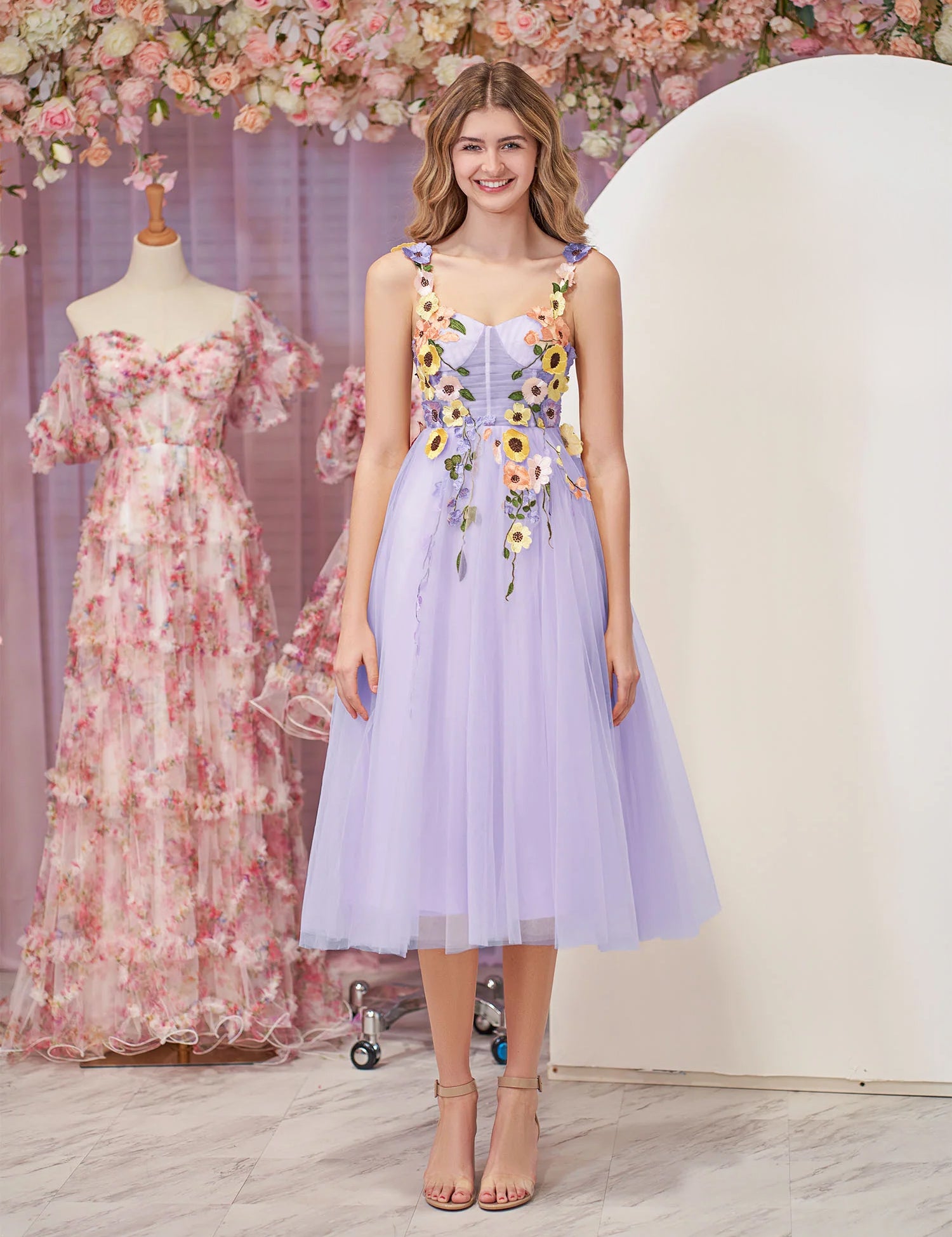 3D Flower Tulle Tea Length Prom Dresses