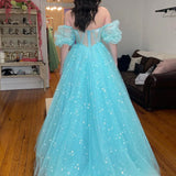 Francis | Aqua Blue Strapless A Line Tulle Starry Long Prom Dress