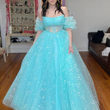 Francis | Aqua Blue Strapless A Line Tulle Starry Long Prom Dress