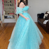 Francis | Aqua Blue Strapless A Line Tulle Starry Long Prom Dress