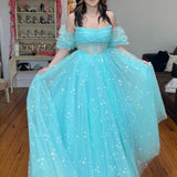 Francis | Aqua Blue Strapless A Line Tulle Starry Long Prom Dress