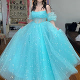 Francis | Aqua Blue Strapless A Line Tulle Starry Long Prom Dress