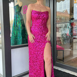 Fuchsia Strapless Sequins Long Prom Dress with Slit