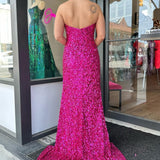 Fuchsia Strapless Sequins Long Prom Dress with Slit