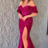 Red Puff Sleeves Sequined Long Party Dress with Side Slit