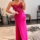 Ember | Sweetheart Corset Lace Hot Pink Long Prom Dress with Slit