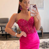 Ember | Sweetheart Corset Lace Hot Pink Long Prom Dress with Slit