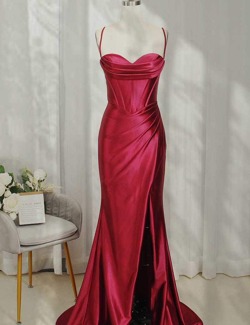 Hot Pink Spaghetti Straps Satin Mermaid Prom Dress with Slit