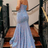 Sweetheart Mermaid Light Blue Sequin Long Prom Dress