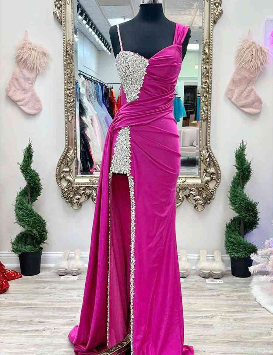 Kaydence | Chic Asymmertrical Fuchsia Beaded Long Porm Dress