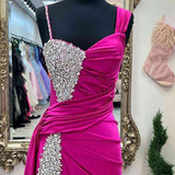 Kaydence | Chic Asymmertrical Fuchsia Beaded Long Porm Dress