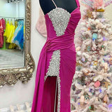 Kaydence | Chic Asymmertrical Fuchsia Beaded Long Porm Dress