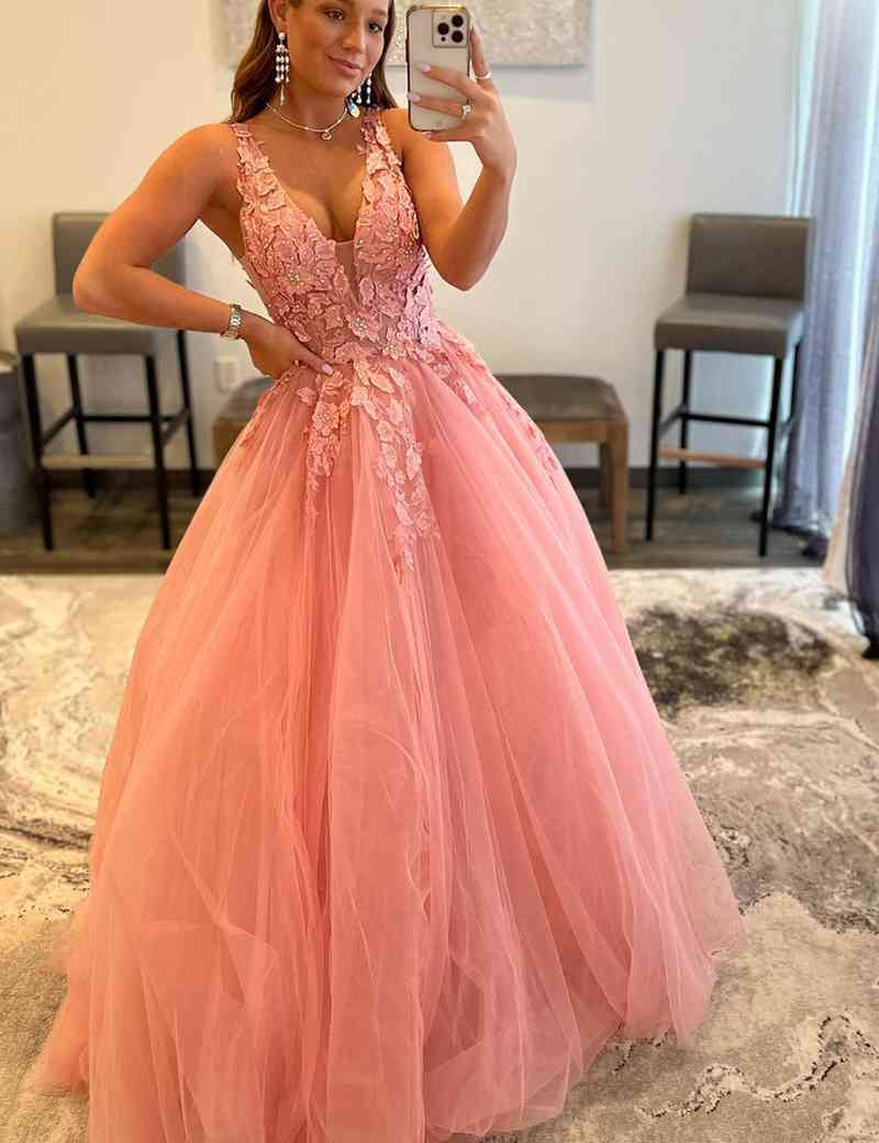 Marigold |A-Line V-Neck Long Tulle Prom Dress with Appliques