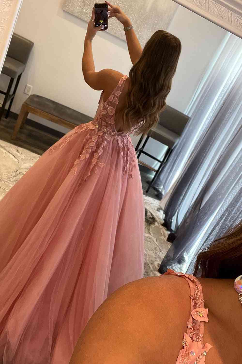 Marigold |A-Line V-Neck Long Tulle Prom Dress with Appliques