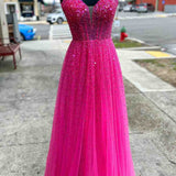 Emmalyn | Straps Neon Pink Beaded A-Line Long Formal Dress