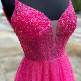 Emmalyn | Straps Neon Pink Beaded A-Line Long Formal Dress