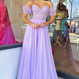 Off-Shoulder A-line Chiffon Applique Lace-Up Long Prom Dress