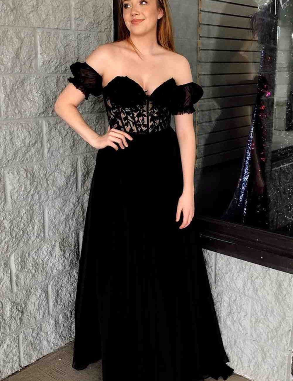 Off-Shoulder A-line Chiffon Applique Lace-Up Long Prom Dress