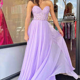 Off-Shoulder A-line Chiffon Applique Lace-Up Long Prom Dress