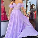 Off-Shoulder A-line Chiffon Applique Lace-Up Long Prom Dress