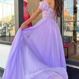 Off-Shoulder A-line Chiffon Applique Lace-Up Long Prom Dress