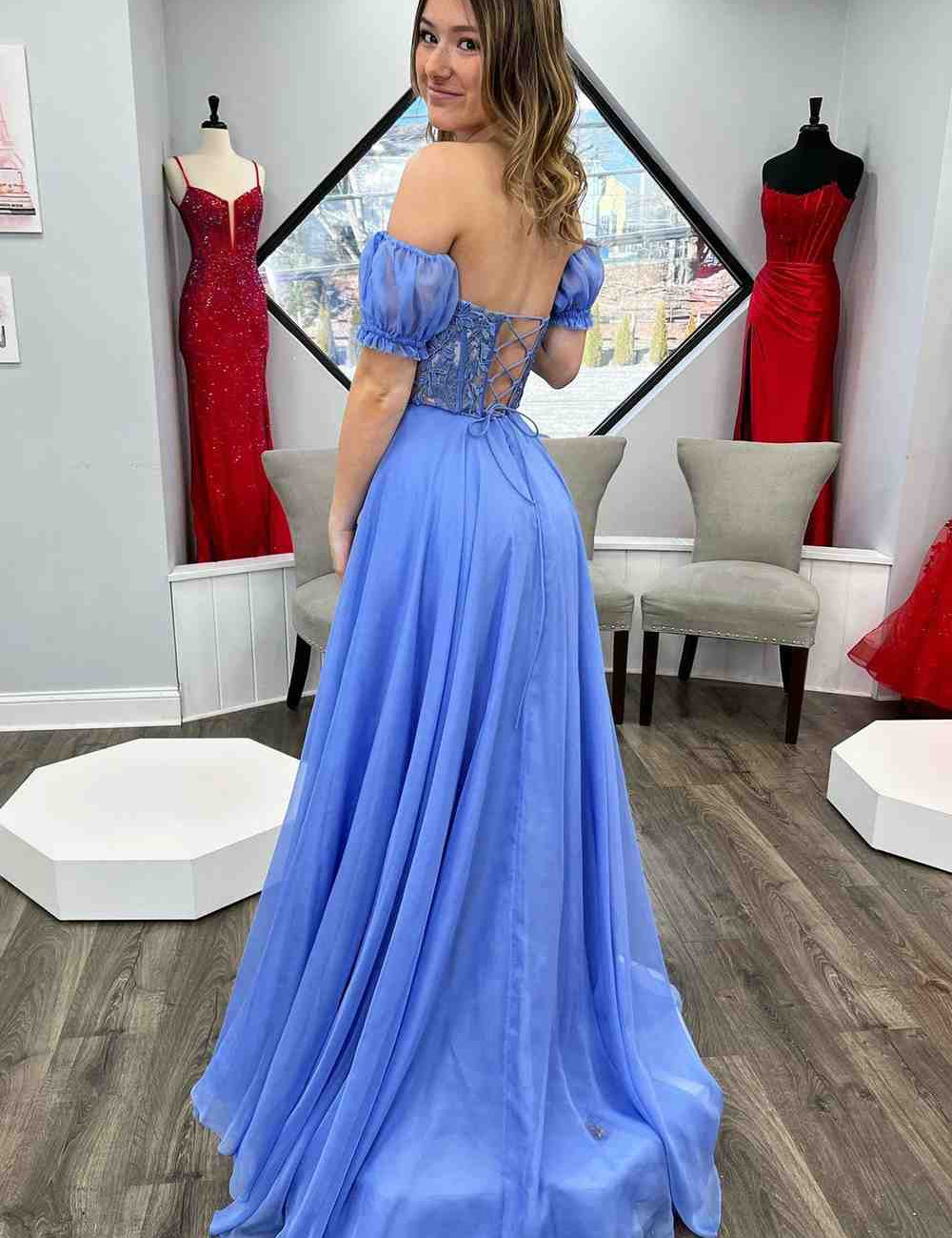 Off-Shoulder A-line Chiffon Applique Lace-Up Long Prom Dress