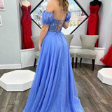 Off-Shoulder A-line Chiffon Applique Lace-Up Long Prom Dress